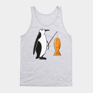 Penguin caught a Fish Cartoon Fishing Bird Tank Top